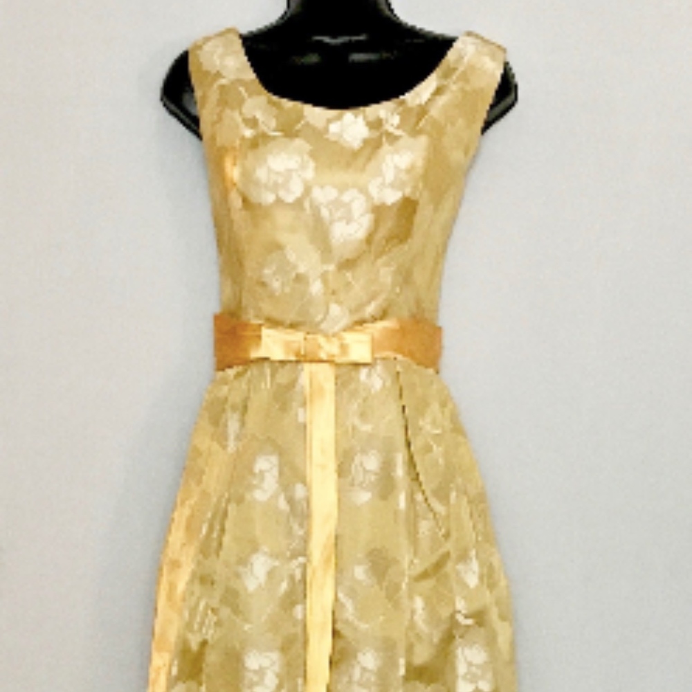 60s Yellow Satin Gold Brocade Formal Dress    CV38